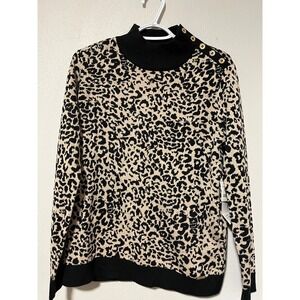 Calvin Klein Sweater Womens Medium Mock Neck Animal Print Button Neck Pullover